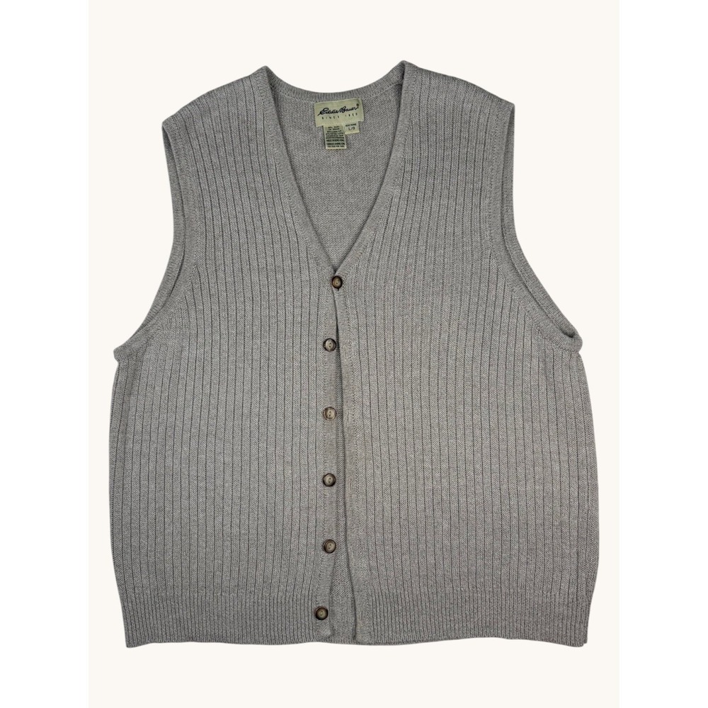 Eddie Bauer Mens Grey Ribbed Button Front Linen Cotton Cardigan Sweater Vest L
